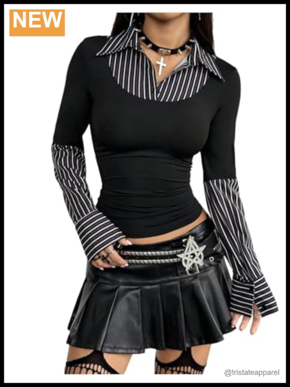 Women's Y2K Punk Striped Long Sleeve Button Collared Top